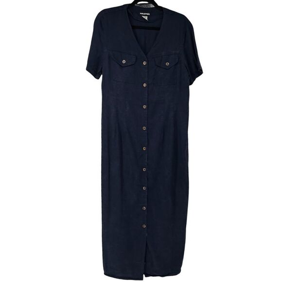Vintage Halston Blue V Neck Full Button Front Short Sleeve Tencel Rayon Dress - Picture 1 of 9